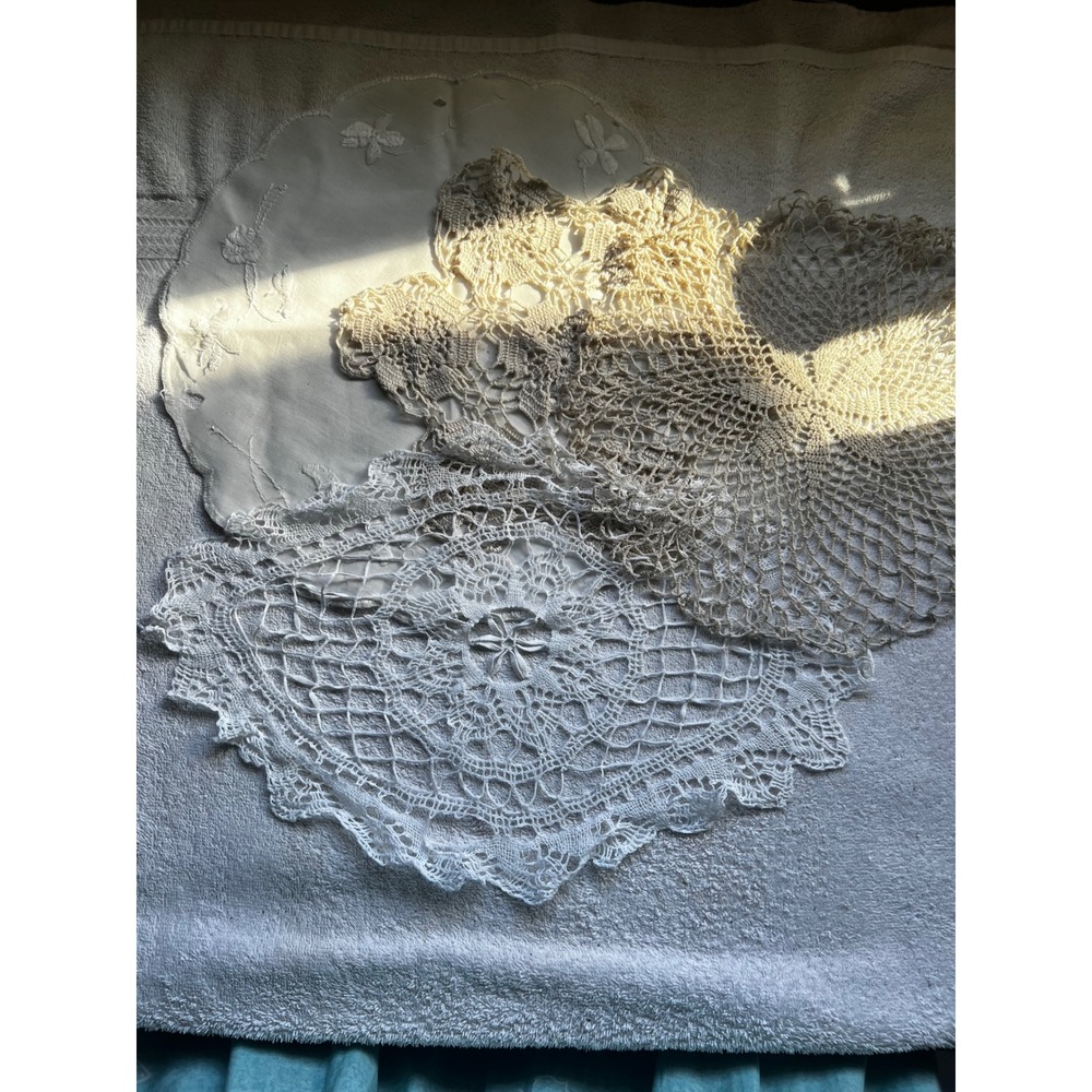 Vintage Doilies Set 4 White Cream Crochet Embroidered Lace Floral